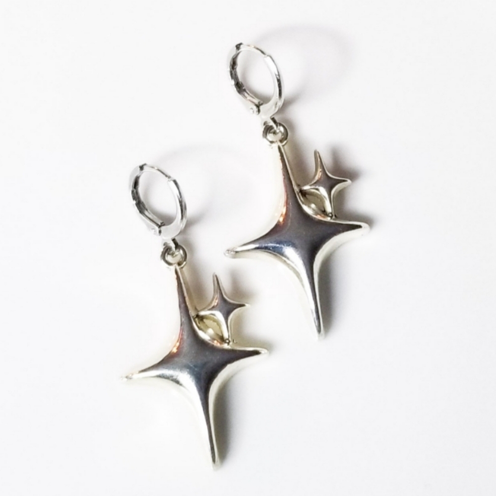 NEW Dolls Kill Silver Metal Dainty Hoop Earrings w/ Sparkles - Picture 4 of 5
